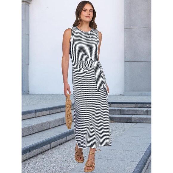 Women's Slim Fit Sleeveless T Shirt Midi Dress Tie Waist Vacation Dress - Picture 8 of 9